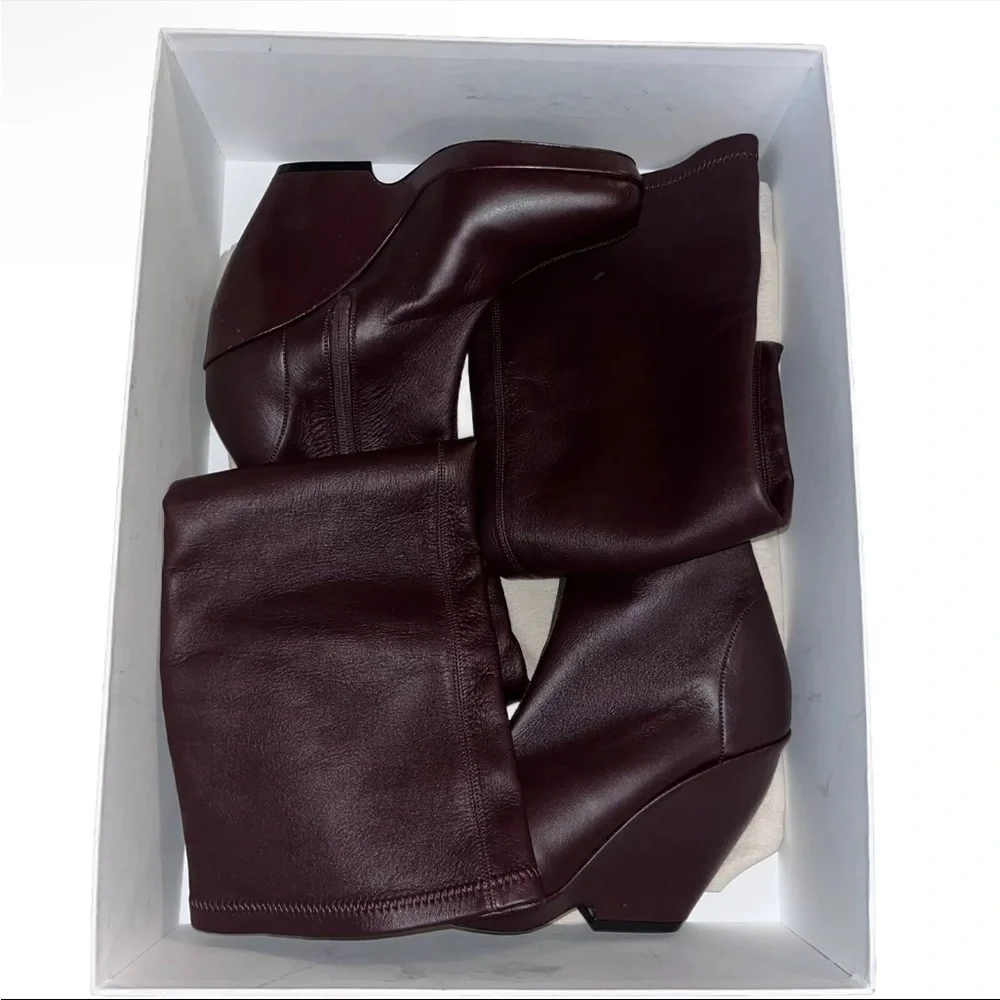 Khaite Red Over Knee Boots Leather Burgundy OTK 7.5 Stretch Wedge Heel NIB 🟡